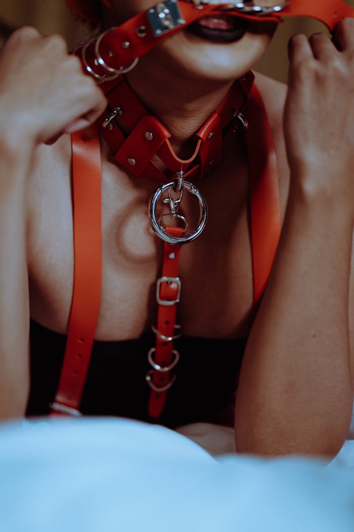 Crop anonymous sensual female in provocative BDSM collar biting leather belt while lying on bed